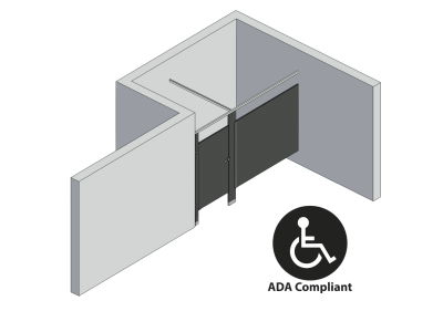 An isometric view of a ADA 1 stall, alcove left hand toilet partition layout