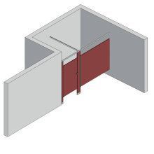 An isometric view of a standard 1 stall, alcove left hand toilet partition layout