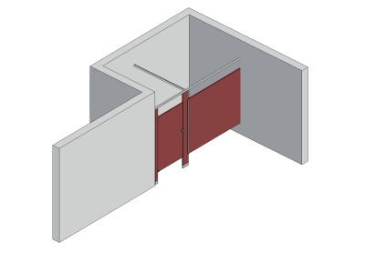 An isometric view of a standard 1 stall, alcove left hand toilet partition layout