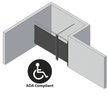 An isometric view of a ADA 1 stall, alcove right hand toilet partition layout