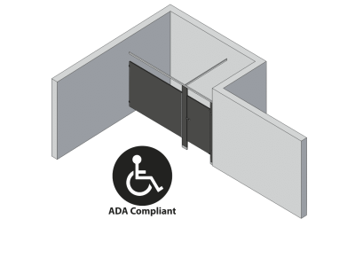 An isometric view of a ADA 1 stall, alcove right hand toilet partition layout