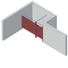 An isometric view of a standard 1 stall, alcove right hand toilet partition layout