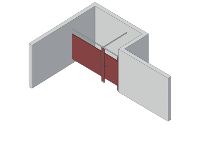 An isometric view of a standard 1 stall, alcove right hand toilet partition layout