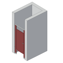 An isometric view of a standard 1 stall, between walls left hand toilet partition layout