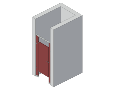 An isometric view of a standard 1 stall, between walls left hand toilet partition layout