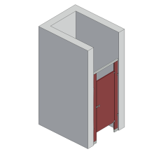 An isometric view of a standard 1 stall, between walls right hand toilet partition layout