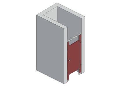 An isometric view of a standard 1 stall, between walls right hand toilet partition layout