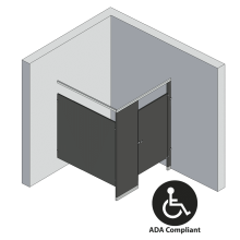 An isometric view of a ADA 1 stall, in corner left hand toilet partition layout