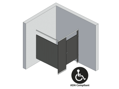 An isometric view of a ADA 1 stall, in corner left hand toilet partition layout