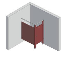 An isometric view of a standard 1 stall, in corner left hand toilet partition layout