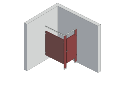 An isometric view of a standard 1 stall, in corner left hand toilet partition layout