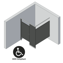 An isometric view of a ADA 1 stall, in corner right hand toilet partition layout