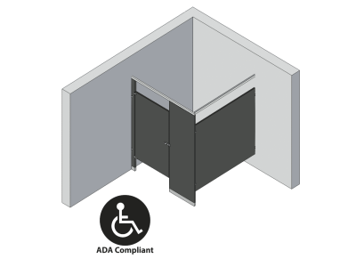 An isometric view of a ADA 1 stall, in corner right hand toilet partition layout