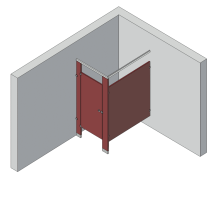 An isometric view of a standard 1 stall, in corner right hand toilet partition layout