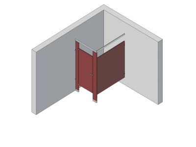 An isometric view of a standard 1 stall, in corner right hand toilet partition layout