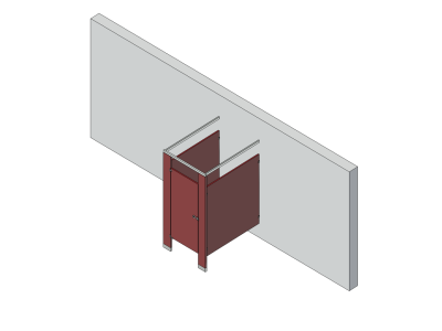 An isometric view of a standard 1 stall, free standing left hand toilet partition layout