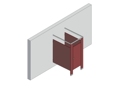 An isometric view of a standard 1 stall, free standing right hand toilet partition layout