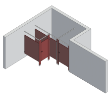 An isometric view of a standard 2 stalls, alcove right hand toilet partition layout