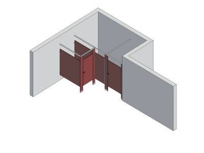 An isometric view of a standard 2 stalls, alcove right hand toilet partition layout