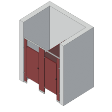 An isometric view of a standard 2 stalls, between walls left hand toilet partition layout