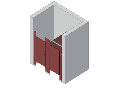 An isometric view of a standard 2 stalls, between walls left hand toilet partition layout