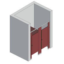 An isometric view of a standard 2 stalls, between walls right hand toilet partition layout