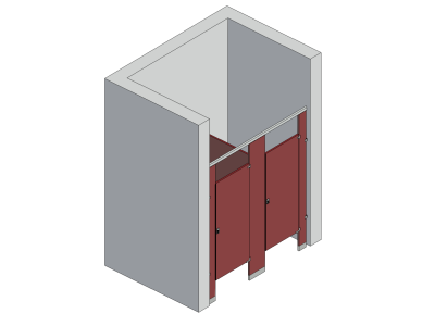 An isometric view of a standard 2 stalls, between walls right hand toilet partition layout