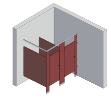 An isometric view of a standard 2 stalls, in corner left hand toilet partition layout