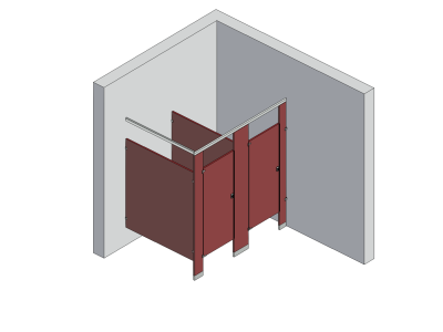 An isometric view of a standard 2 stalls, in corner left hand toilet partition layout