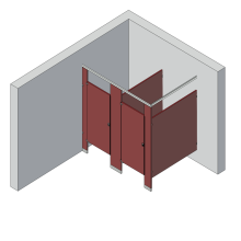 An isometric view of a standard 2 stalls, in corner right hand toilet partition layout