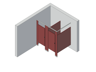 An isometric view of a standard 2 stalls, in corner right hand toilet partition layout