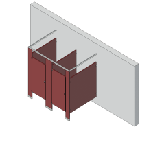 An isometric view of a standard 2 stalls, free standing left hand toilet partition layout