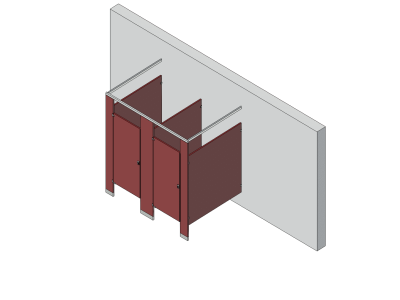 An isometric view of a standard 2 stalls, free standing left hand toilet partition layout