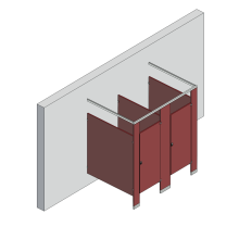 An isometric view of a standard 2 stalls, free standing right hand toilet partition layout