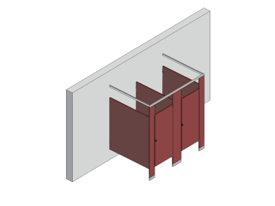 An isometric view of a standard 2 stalls, free standing right hand toilet partition layout