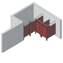 An isometric view of a standard 3 stalls, alcove left hand toilet partition layout