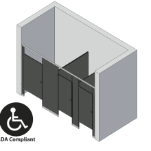 An isometric view of a ADA 3 stalls, between walls left hand toilet partition layout