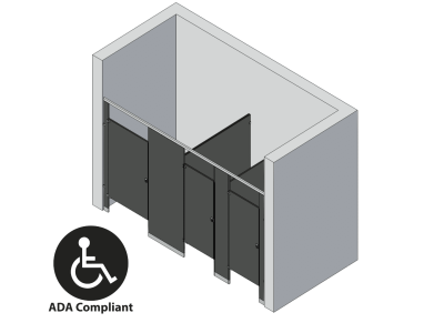 An isometric view of a ADA 3 stalls, between walls left hand toilet partition layout