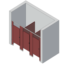 An isometric view of a standard 3 stalls, between walls left hand toilet partition layout