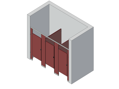 An isometric view of a standard 3 stalls, between walls left hand toilet partition layout