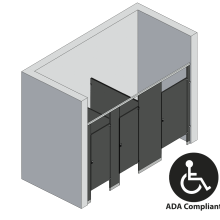 An isometric view of a ADA 3 stalls, between walls right hand toilet partition layout