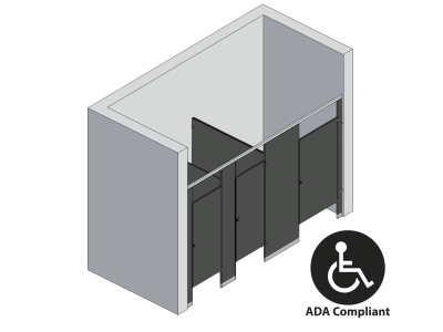 An isometric view of a ADA 3 stalls, between walls right hand toilet partition layout