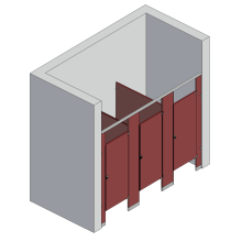 An isometric view of a standard 3 stalls, between walls right hand toilet partition layout