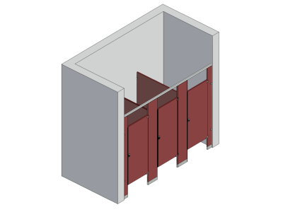 An isometric view of a standard 3 stalls, between walls right hand toilet partition layout