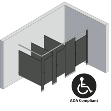 An isometric view of a ADA 3 stalls, in corner left hand toilet partition layout