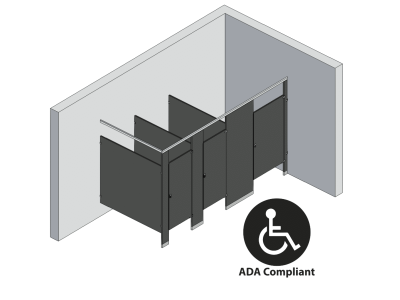 An isometric view of a ADA 3 stalls, in corner left hand toilet partition layout