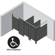 An isometric view of a ADA 3 stalls, in corner right hand toilet partition layout