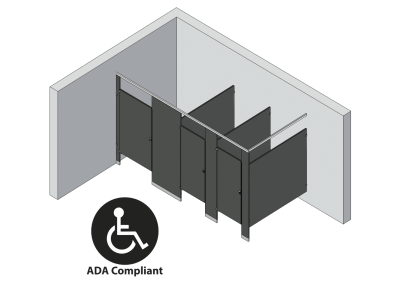 An isometric view of a ADA 3 stalls, in corner right hand toilet partition layout