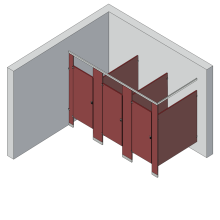 An isometric view of a standard 3 stalls, in corner right hand toilet partition layout