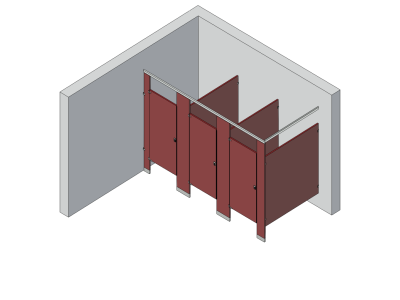 An isometric view of a standard 3 stalls, in corner right hand toilet partition layout